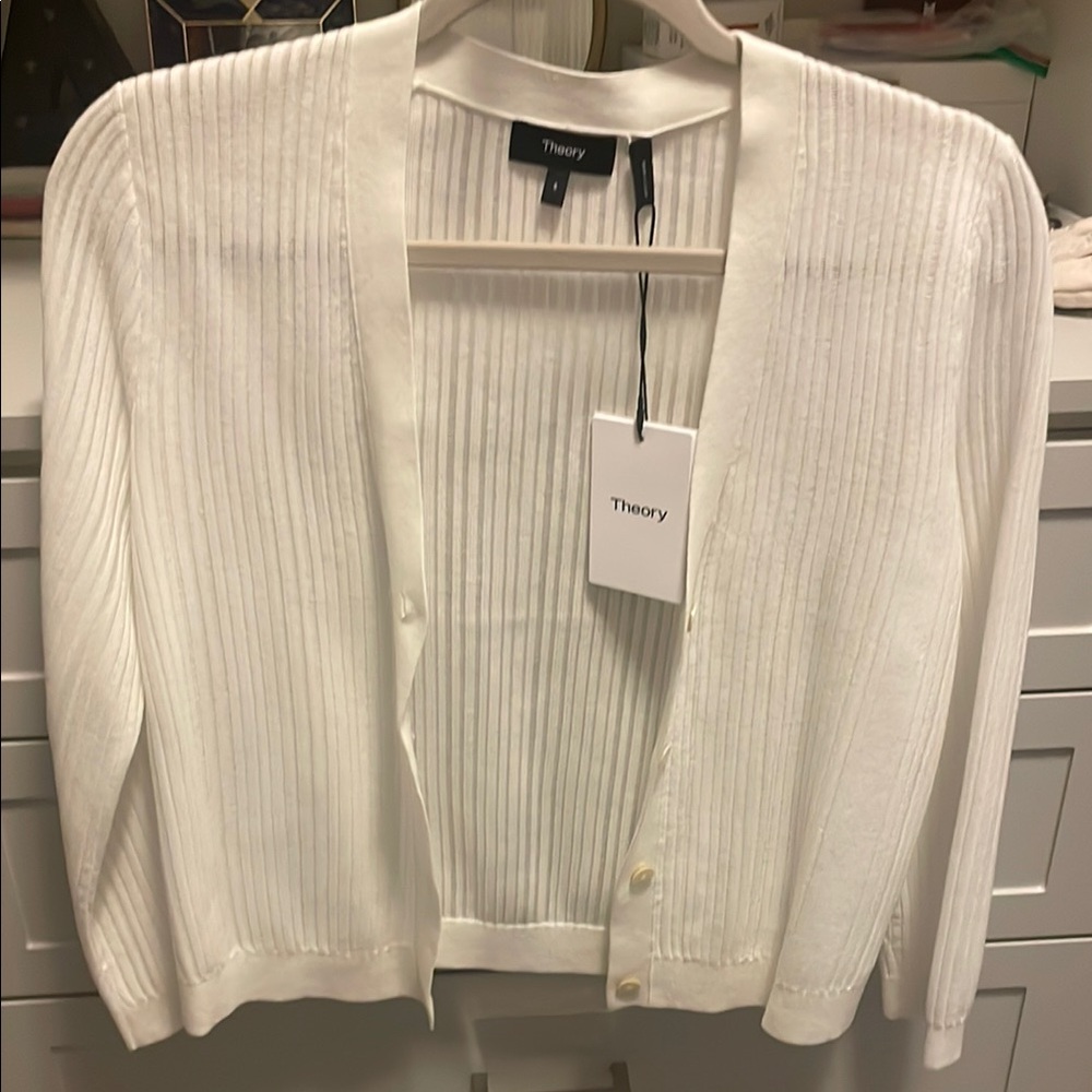 Theory White Ribbed Knit Cardigan Sweater